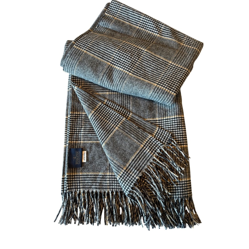 Pendleton Throw Blanket Black/gold Glen Plaid EUC 100% Virgin Wool Fringe 56x72